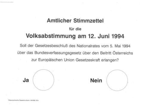 Zu sehen ist der Stimmzettel für die Volksabstimmung am 12. Juni 1994. Die österreichische Bevölkerung sollte hier über den EU-Beitritt Österreichs entscheiden.