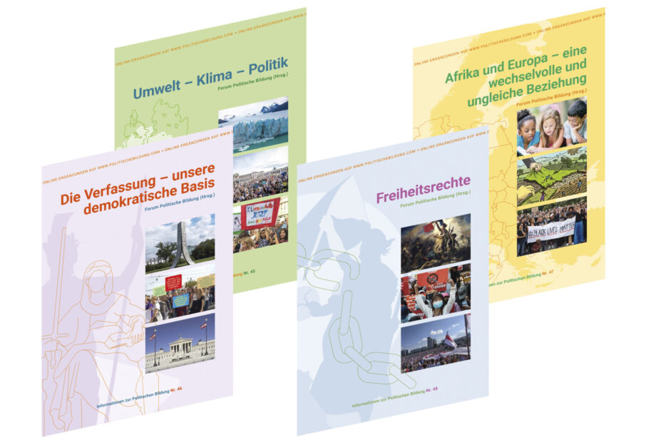 Das Bild zeigt vier Deckblätter der Schriftenreihe "Informationen zur Politischen Bildung"