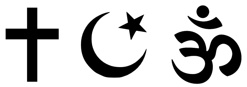 Das Bild zeigt die Symbole der drei Weltreligionen Christentum, Islam und Hinduismus